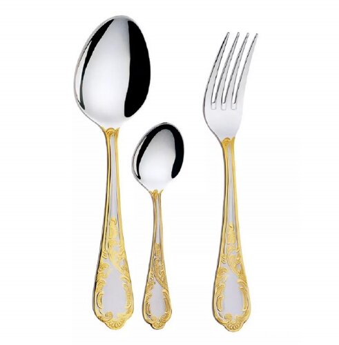 HB-18004 (в уп.12шт.) - Набор стол.приборов 18пр. [01111264] HB-18004 (в уп.12шт.) - Набор стол.приборов 18пр. Hower (6 столовых ложек, 6 столовых вилок, 6 десертных ложек, декоративные рисунки на ручках. Зеркально отполированная поверхность. Декоративная отделка под золото.Фрагментарная матовая полировка, подходит для чистки в посудомоечной машине, материал: нерж.сталь 18/10.