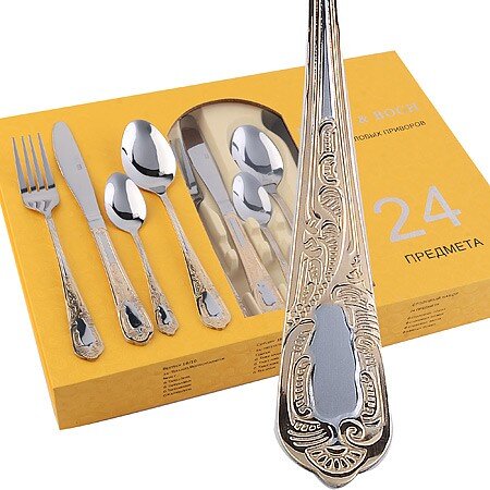 30709 (в уп.12наб.) - Набор столовых приборов 24пр [01110610] 30709 (в уп.12наб.) - Набор столовых приборов 24пр, серебристый, с золотым орнаментом. (Столовая ложка 19х4см. - 6шт, столовая вилка 20х2,6см. - 6шт, столовый нож 21х1,9см, чайная ложка 14,8х3см.), материал: нержавеющая сталь.