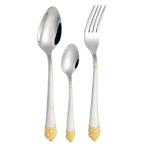 HB-18010 (в уп.12шт.) - Набор стол.приборов 18пр. [01111265] HB-18010 (в уп.12шт.) - Набор стол.приборов 18пр. (6 столовых ложек, 6 столовых вилок, 6 десертных ложек, декоративные рисунки на ручках. Зеркально отполированная поверхность. Декоративная отделка под золото.Фрагментарная матовая полировка, подходит для чистки в посудомоечной машине, материал: нерж.сталь 18/10.