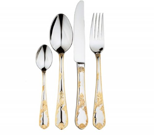 HB-24008GS (в кор.10наб.) - Наб. стол.приб. Paradi [01087931] HB-24008GS (в кор.10наб.) - Наб. стол.приб. Paradise 24пр.: 6 столовых ложек, 6 столовых ножей, 6 столовых вилок, 6 десертных ложек.Декоративные рисунки на ручках. Зеркально отполированная поверхность. Декоративная отделка под золото.Фрагментарная матовая полировка. Подходит для чистки в посудомоечной машине. Подарочная упаковка. Состав: нерж.сталь 18/10.