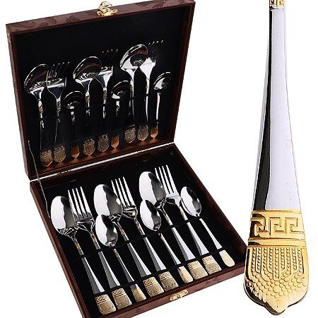 26474 (в уп.12наб.) - Набор столовых приборов 18пр [01110578] 26474 (в уп.12наб.) - Набор столовых приборов 18пр. в подарочной упаковке. Серебристый, с золотым орнаментом. (Ложка столовая 19х4см. - 6шт, вилка столовая 20х2,6см. - 6шт, ложка чайная 14,8х3см. - 6шт.), материал: нержавеющая сталь.