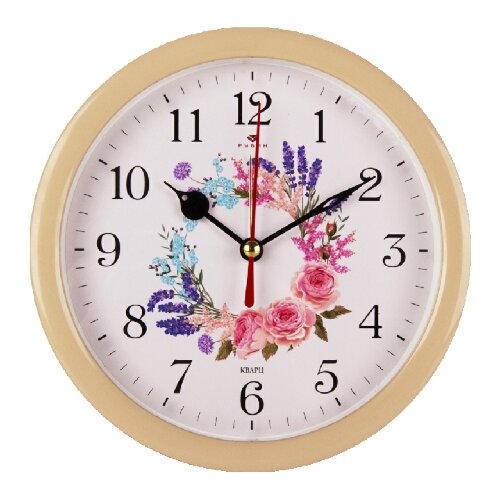 В4-041 (в кор.20шт.) - Будильник кварц."Цветочный [01093303] В4-041 (в кор.20шт.) - Будильник кварц."Цветочный узор" "Рубин", корпус бежевый, размер: d=15см, материал: пластмасса, стекло, металл.
