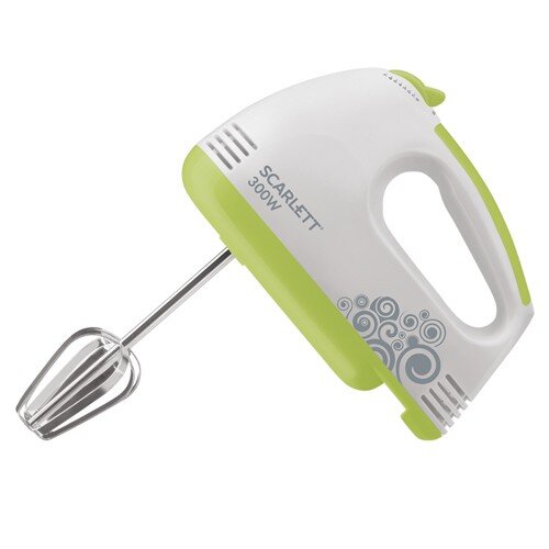 381452-РСВ (в уп.8шт.) - Миксер Scarlett SC-HM40S0 [01111234] 381452-РСВ (в уп.8шт.) - Миксер Scarlett SC-HM40S05, мощность 300Вт, белый с зеленым, 7 скоростей, материал: пластик, металл.