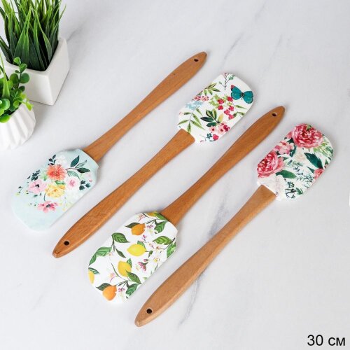 698635 (в уп.130шт.) - Лопатка кулинарная силиконо [01109562] 698635 (в уп.130шт.) - Лопатка кулинарная силиконовая 30х6см с деревянной ручкой / T-687 /, материал: силикон, бамбук.