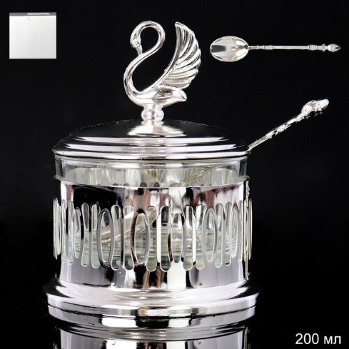 686452 (в уп.41шт.) - Сахарница с ложкой 200мл. / [01027723] 686452 (в уп.41шт.) - Сахарница с ложкой 200мл. / 211-10 -Silver /, материал: стекло, металл.