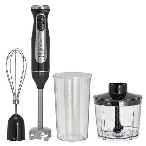 540956-РСВ (в уп.1шт.) - Блендер Аксинья КС-321В ч [01109864] 540956-РСВ (в уп.1шт.) - Блендер Аксинья КС-321В черный, макс. мощность 1500Вт, насадка и нож из нерж.стали, 2 скорости, чаша измельчителя 500мл, мерный стакан 700мл, три сменные насадки: насадка для смешивания, венчик для взбивания, измельчитель.