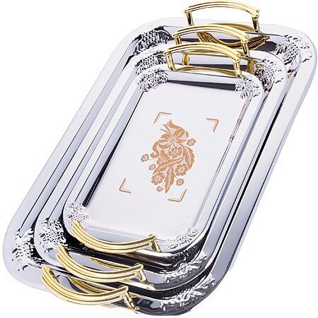 3677 (в уп.20наб.) - Набор мет. подносов 3пр. с зо [01110602] 3677 (в уп.20наб.) - Набор мет. подносов 3пр. с золлотыми ручками, размеры: 41х29х1,7см, 32,5х23,5х1,5см, 26,5х19х1,3см, материал: нержавеющая сталь.