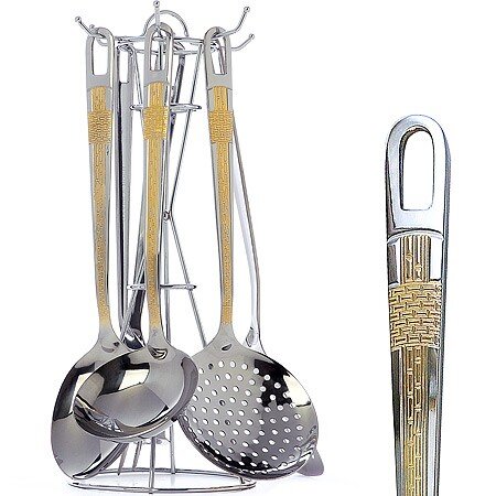 40454 (в уп.12наб.) - Набор кухонных принадлежност [01110596] 40454 (в уп.12наб.) - Набор кухонных принадлежностей 7пр. на подставке. (Половник 29х9х7см.-1шт, ложка 31,5х7,5х5см.-1шт, шумовка 32х10,5х5,5см.-1шт, лопатка с прорезями 33х7,8х3,5см.-1шт, вилка 31,5х2,4х2см.-1шт, пресс для картофеля 28,5х8х8,5см.-1шт.), материал: нержавеющая сталь.