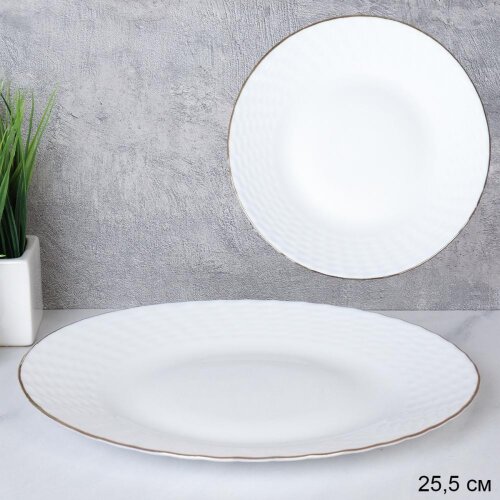 737601 (в уп.36шт.) - Тарелка 25,5см белая Плетенк [01109303] 737601 (в уп.36шт.) - Тарелка 25,5см белая Плетенка Золото / BZP100 (White Gold ) /, материал: стеклокерамика.