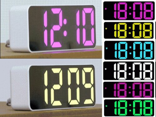 1801 W белый (в кор. 1 шт.) Цифровые цветные свето [01106859] 1801 W белый (в кор. 1 шт.) Цифровые цветные светодиодные часы. Возможно выбрать любой из 7 цветов  окраски показаний времени, даты и температуры, которые переключаются через каждые 15 секунд поочередно. Материал корпуса: пластик.  Материал экрана: акрил. Габаритные размеры (ВхШхГ): 5,7 х 14,0 х 3,5 см. Вес:110 гр.Питание: от любого источника с USB (кабель USB в комплекте), от сети 220 В через адаптер (адаптер DC 5V, в комплект не входит), от батареек ААА (в комплект не входят).В комплекте: часы, кабель USD ( длина 1 метр), инструкция на английском языке