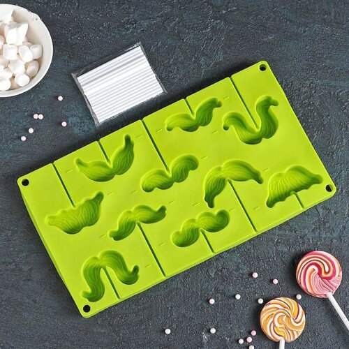 421748-РСВ (в уп.1шт.) - Форма для леденцов 10 яче [01056047] 421748-РСВ (в уп.1шт.) - Форма для леденцов 10 ячеек 28,5х16х2см (6,5х2) "Усы" с палочками, цвет МИКС арт.1687481, материал: силикон.