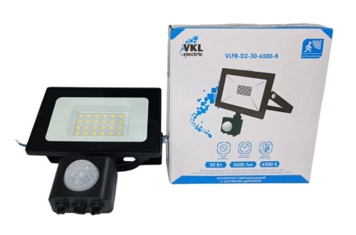 VLF8-D2-30-6500-B 6500K 3600Лм 220V IP65 122*135*5 [01109218] VLF8-D2-30-6500-B 6500K 3600Лм 220V IP65 122*135*55 (руч.рег) черн., прожектор LED с дат. движ. 30W VKL electric