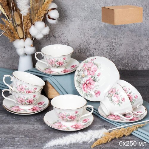 748095 (в уп.8наб.) - Чайный набор 12пр. 250мл. на [01111227] 748095 (в уп.8наб.) - Чайный набор 12пр. 250мл. на ножке / RS/12-FY253004 Grey /, материал: фарфор.