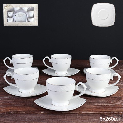689155 (в уп.8наб.) - Чайный набор 12пр. в подар.у [01104070] 689155 (в уп.8наб.) - Чайный набор 12пр. в подар.упак. (6 кружек 260мл. на ножке, 6 блюдец.) / GA2-12G /, материал: костяной фарфор.