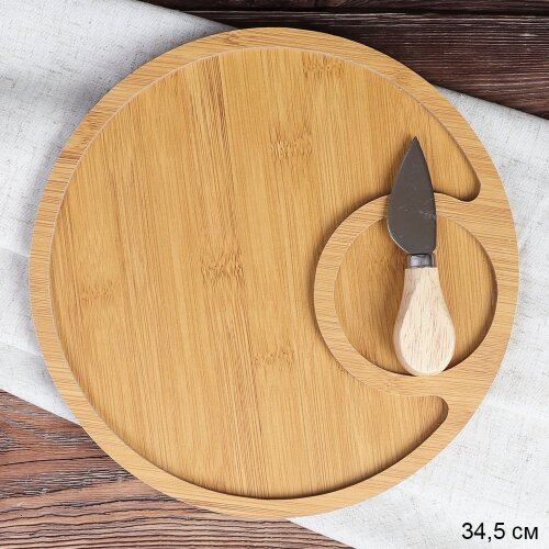 697569 (в уп.48шт.) - Доска разделочная D=34.5см. [01105569] 697569 (в уп.48шт.) - Доска разделочная D=34.5см. и нож для сыра / WE-509 /, материал: дерево, металл.
