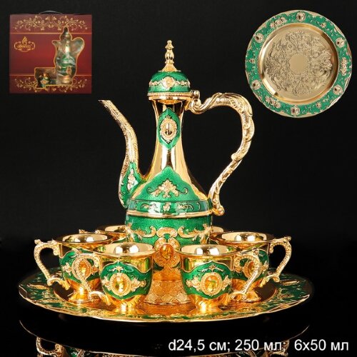 686465 (в уп.20наб.) - Коньячный набор 7пр. / 245- [01101294] 686465 (в уп.20наб.) - Коньячный набор 7пр. / 245-7-Gold / Золото+зелёный. (Кувшин 250мл, 6 кружек по 50мл, поднос =24,5см.)