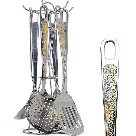40452 (в уп.12наб.) - Набор кухонных принадлежност [01110595] 40452 (в уп.12наб.) - Набор кухонных принадлежностей 7пр. на подставке. (Половник 29х9х7см.-1шт, ложка 31,5х7,5х5см.-1шт, шумовка 32х10,5х5,5см.-1шт, лопатка с прорезями 33х7,8х3,5см.-1шт, вилка 31,5х2,4х2см.-1шт, пресс для картофеля 28,5х8х8,5см.-1шт.), материал: нержавеющая сталь.