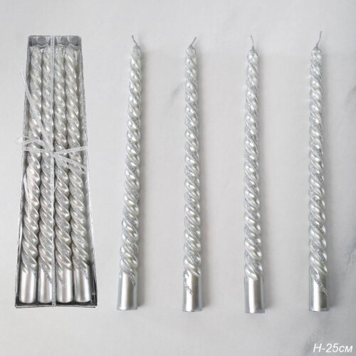 746790 (в уп.144шт.) - Свеча стержень 25см, набор [01064320] 746790 (в уп.144шт.) - Свеча стержень 25см, набор 4шт, витая, серебрянная /A-503/, материал: парафин.