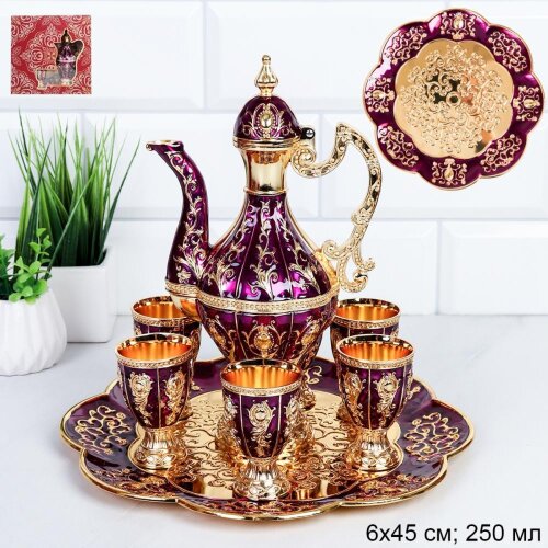 750892 (в уп.20наб.) - Коньячный набор 7пр. (Кувши [01111007] 750892 (в уп.20наб.) - Коньячный набор 7пр. (Кувшин 250мл, рюмка 45мл. - 6шт, поднос круглый) Золото Пурпур / KNB-892 /, матероиал: металл.