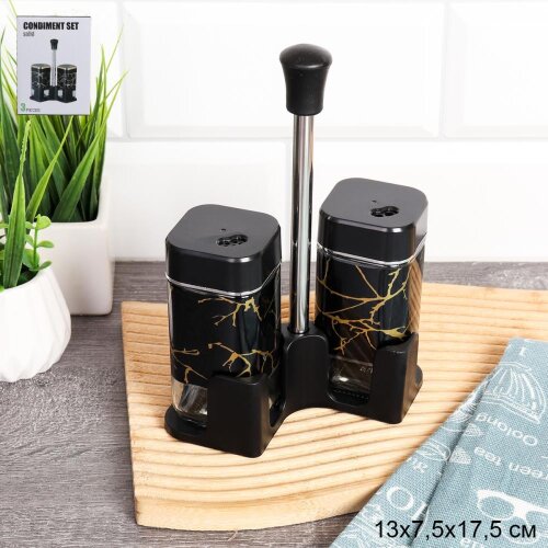 750438 (в уп.42наб.) - Набор для специй 2 предмета [01110785] 750438 (в уп.42наб.) - Набор для специй 2 предмета на металл подставке /T021-6/, материал: стекло, пластик.