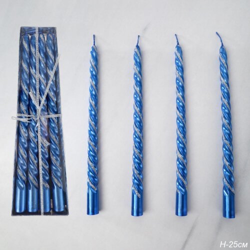746792 (в уп.144шт.) - Свеча стержень 25см, набор [01064321] 746792 (в уп.144шт.) - Свеча стержень 25см, набор 4шт, витая , синяя /A-504/, материал: парафин.