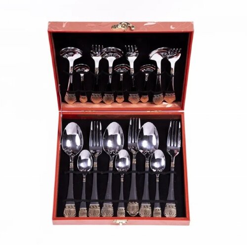 HB-18000 (в уп.12шт.) - Набор стол.приборов 18пр. [01111263] HB-18000 (в уп.12шт.) - Набор стол.приборов 18пр. Hower (6 столовых ложек, 6 столовых вилок, 6 десертных ложек, декоративные рисунки на ручках. Зеркально отполированная поверхность. Декоративная отделка под золото.Фрагментарная матовая полировка, подходит для чистки в посудомоечной машине, материал: нерж.сталь 18/10.