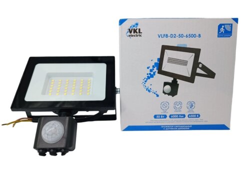VLF8-D2-50-6500-B 6500K 6000Лм 220V IP65 148*155*5 [01109219] VLF8-D2-50-6500-B 6500K 6000Лм 220V IP65 148*155*58 (руч.рег) черн., прожектор LED с дат. движ. 50W VKL electric