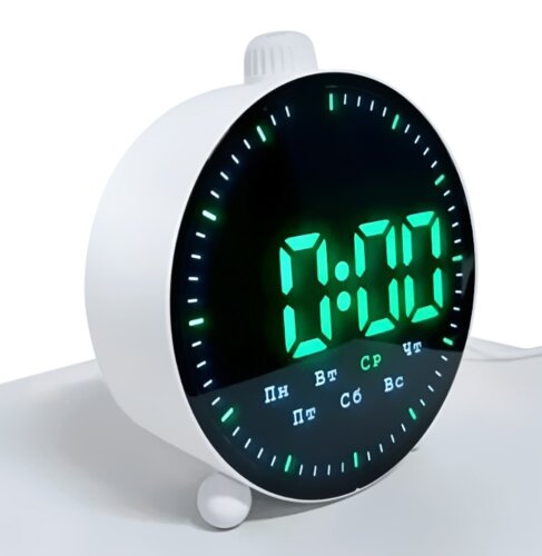 9013X-4W бел-зел Будильник зеркальный,с датой, тем [01111099] 9013X-4W бел-зел Будильник зеркальный,с датой, температурой, функцией будильника и таймера прямого и обратного времени. Размеры: 110*130*45 мм. Особенность:24-ая индикация,установка 2 отдельных будильников. Двойное питание от USB-зарядного устройства или резервный аккумулятор от 3-х батареек ААА) для сохранения памяти времени.