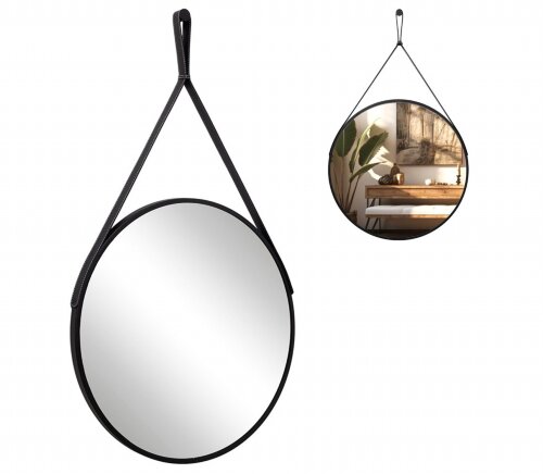 6028-Zm1 (1) Зеркало интерьерное настенное в кругл [01109371] 6028-Zm1 (1) Зеркало интерьерное настенное в круглом корпусе из металла с ремешком d=60 см, черный, Мансарда