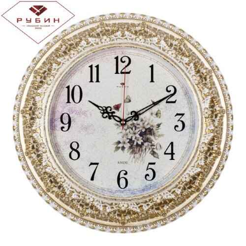 3825-003 (в кор.5шт.) - Часы настенные круглые "По [01088041] 3825-003 (в кор.5шт.) - Часы настенные круглые "Полевые цветы" "Рубин", корпус белый с золотом, размер: диаметр 38см, материал: пластик, стекло, кварцевый механизм, плавный ход