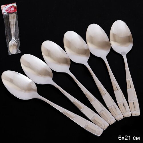 696359 (в уп.100шт.) - Ложка столовая 6 штук, 6х21 [01102706] 696359 (в уп.100шт.) - Ложка столовая 6 штук, 6х21см, серебро / H-466 /, материал: металл.