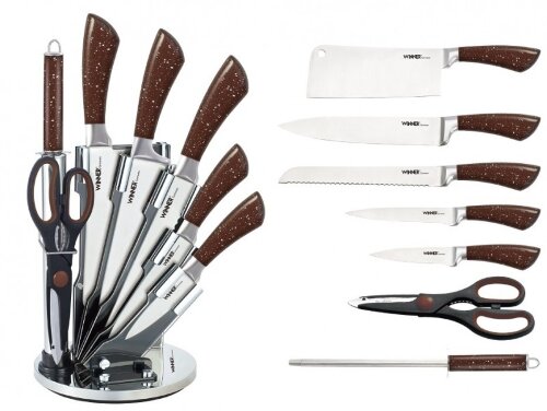 WR-7360 (в уп.6наб.) - Набор ножей 6пр. с подставк [01105799] WR-7360 (в уп.6наб.) - Набор ножей 6пр. с подставкой. Кухонный топорик (30,5/16,8cv), нож поварской (33,5/20см), нож для нарезки хлеба(33/19,7см), нож универсальный (23/12см), нож для очистки (19,5/8,4см), точилка для ножей (длина 30,3см), ножницы(длина 20см).  Лезвия из нерж. стали, толщина 2-2,5мм, материал ручки- нерж. сталь с цветным покрытием под мрамор. Подставка акриловая 16,5х16,5х24см. Подходит для чистки в посудомоечной машине. Состав : нерж. сталь.