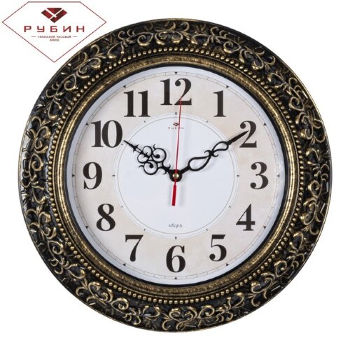 3524-007 (в кор.10шт.) - Часы настенные кругл. &quot;Кл [01090944] 3524-007 (в кор.10шт.) - Часы настенные кругл. "Классика" "Рубин", корпус черный с золотом, размер: диаметр 35см, материал: пластик, стекло, часовой механизм кварцевый, плавный ход