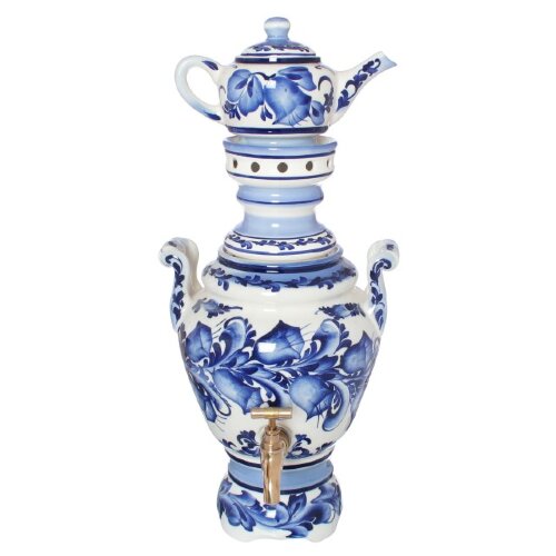 24857 (в кор.1наб.) - Чайный набор 2пр. Самовар, Г [01089312] 24857 (в кор.1наб.) - Чайный набор 2пр. Самовар, Гжель, Колокольчик (Самовар 4л., чайник 500мл.), керамика, высота 480мм. (В упаковке)