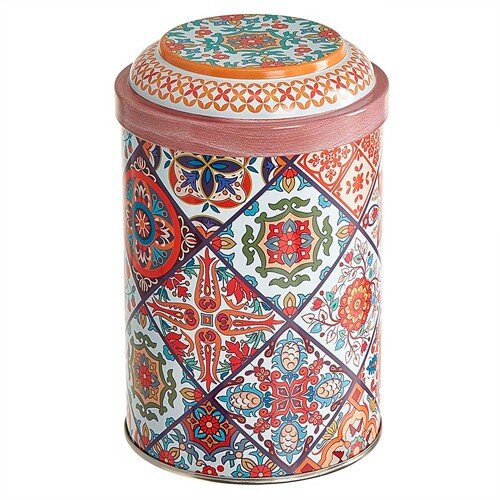 563609-РСВ (в уп.12шт.) - Банка жестяная 1,1л, кру [01110619] 563609-РСВ (в уп.12шт.) - Банка жестяная 1,1л, круглая с декоративным покрытием для хранения чая, специй, сыпучих продуктов Времена года (оранж)  Ц99h145v110-01964