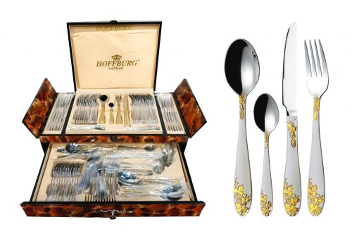 HB-72861GS (в уп.2наб.) - Набор стол.приборов Flow [01105802] HB-72861GS (в уп.2наб.) - Набор стол.приборов Flower 72пр. на 12 персон в св.коричневом деревянном чемодане: столовые вилки - 12шт, десертные вилки - 12шт, столовые ложки - 12шт, чайные ложки - 12шт,ножи - 12шт, вилки для холодных блюд - 2шт, ложка для сахара - 1шт, сервировочные ложки - 2шт, щипцы для сахара - 1шт, ложка для мороженного - 1шт, ложки для салата - 2шт, лопатка для торта - 1шт, половник - 1шт, половник для соуса - 1шт. Дизайн  с рисунком под золото. Состав: нерж.сталь 18/10.