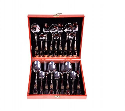 HB-18008 (в уп.12шт.) - Набор стол.приборов 18пр. [01109977] HB-18008 (в уп.12шт.) - Набор стол.приборов 18пр. (6 столовых ложек, 6 столовых вилок, 6 десертных ложек, декоративные рисунки на ручках. Зеркально отполированная поверхность. Декоративная отделка под золото.Фрагментарная матовая полировка, подходит для чистки в посудомоечной машине, материал: нерж.сталь 18/10.