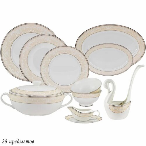 145-349 (в уп.2наб.) - Обеденный сервиз 28пр. ДЖУЛ [01110484] 145-349 (в уп.2наб.) - Обеденный сервиз 28пр. ДЖУЛЬЕТТА в подарочной упаковке. (6 тарелок 26см, 6 тарелок 21,5см, 6 глубоких тарелок 23см, 1 блюдо овальное 23см, 1 блюдо овальное 36см, супник с крышкой 2л, 2 салатника 15см, 1 соусник, 1 блюдце, 1 подставка под ложку, 1 ложка.), материал: костяной фарфор.