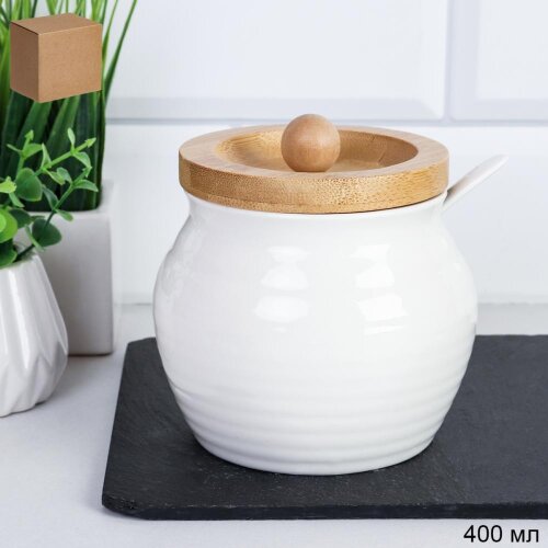 726649 (в уп.36шт.) - Сахарница с деревянной крышк [01110131] 726649 (в уп.36шт.) - Сахарница с деревянной крышкой 400мл, с ложкой / CF337-1 /, материал: керамика, дерево.