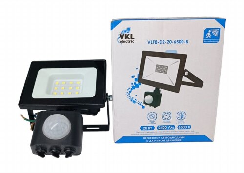 VLF8-D2-20-6500-B 6500K 2400Лм 220V IP65 102*125*5 [01109217] VLF8-D2-20-6500-B 6500K 2400Лм 220V IP65 102*125*55 (руч.рег) черн., прожектор LED с дат. движ. 20W VKL electric