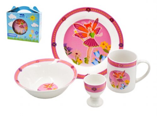 00103841 (в уп.12наб.) - Набор посуды 4пр. "Феи" 4 [01107597] 00103841 (в уп.12наб.) - Набор посуды 4пр. "Феи" 4-1505 (Тарелка 7,5" (19см.) - 1шт, салатник 6" (15см.) - 1шт, кружка - 200мл, подставка для яйца), материал: фарфор.
