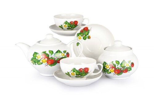 07323 (в уп.1наб.) - Сервиз чайный 14пр. Дачный &quot;Ц [01095293] 07323 (в уп.1наб.) - Сервиз чайный 14пр. Дачный "Цветущая земляника" на 6 персон: Чайник 800мл - 1 шт, сахарница 500мл - 6шт, чашка чайная 220мл - 6шт, блюдце 140мм - 6шт.