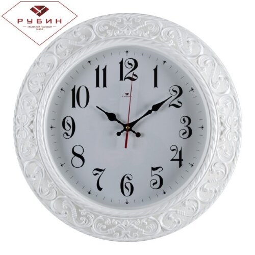 4051-103W (в кор.5шт) - Часы настенные круг с узор [01082389] 4051-103W (в кор.5шт) - Часы настенные круг с узором, размер: d=39,5см, корпус белый "Классика" "Рубин", материал: пластик, стекло, кварцевый механизм, плавный ход.