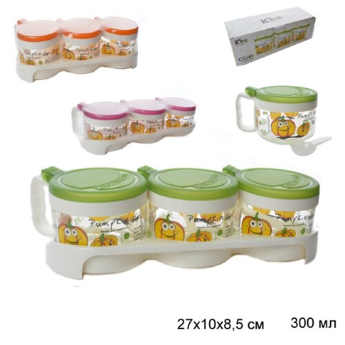 641607 (в уп.24шт.) - Набор ёмкостей 3пр. для спец [01085503] 641607 (в уп.24шт.) - Набор ёмкостей 3пр. для специй с ложками на подставке, 300мл., /TG2603/, материал: пластик.