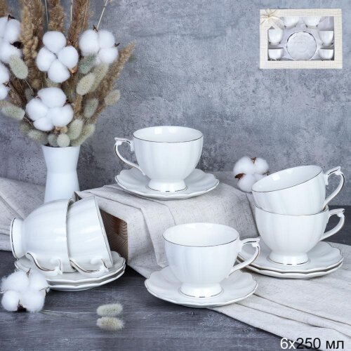 717308 (в уп.8наб.) - Чайный набор 12пр. 250мл. на [01105701] 717308 (в уп.8наб.) - Чайный набор 12пр. 250мл. на ножке А / GC47-12G 240 /, материал: костяной фарфор.