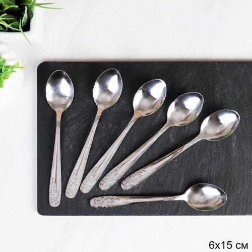 733623 (в уп.100шт.) - Ложка чайная 15см, набор 6ш [01109295] 733623 (в уп.100шт.) - Ложка чайная 15см, набор 6шт.  Серебро Кантата Глянец / MJ3281 /, материал: металл.