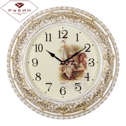 3825-004 (в кор.5шт.) - Часы настенные круглые &quot;Лю [01088042] 3825-004 (в кор.5шт.) - Часы настенные круглые "Любопытство" "Рубин", корпус белый с золотом, размер: диаметр 38см, материал: пластик, стекло, кварцевый механизм, плавный ход
