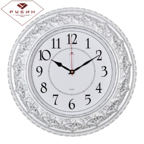 3825-006 (в кор.5шт.) - Часы настенные круглые &quot;Кл [01086964] 3825-006 (в кор.5шт.) - Часы настенные круглые "Классика" "Рубин", корпус белый с серебром, размер: диаметр 38см, материал: пластик, стекло, кварцевый механизм, плавный ход