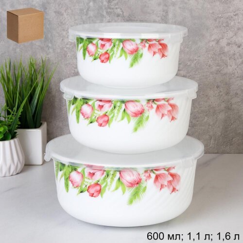 734612 (в уп.12наб.) - Салатник с крышкой 3пр. (60 [01110088] 734612 (в уп.12наб.) - Салатник с крышкой 3пр. (600мл, 1,1л, 1,6л.). / GRAY-HDW3B (7259) /Тюльпаны, материал: стеклокерамика.