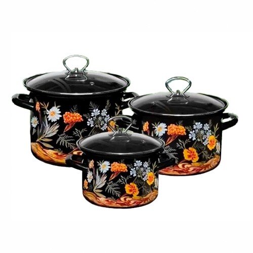 551245-РСВ (в уп.1наб.) - Набор из 3-х кастрюль со [01111515] 551245-РСВ (в уп.1наб.) - Набор из 3-х кастрюль со стекл.крышками (2,4л, 3,4л, 5л.) КМЗ Гербарий-5-1-Люкс, стиль (коричневый), материал: эмалированная сталь.